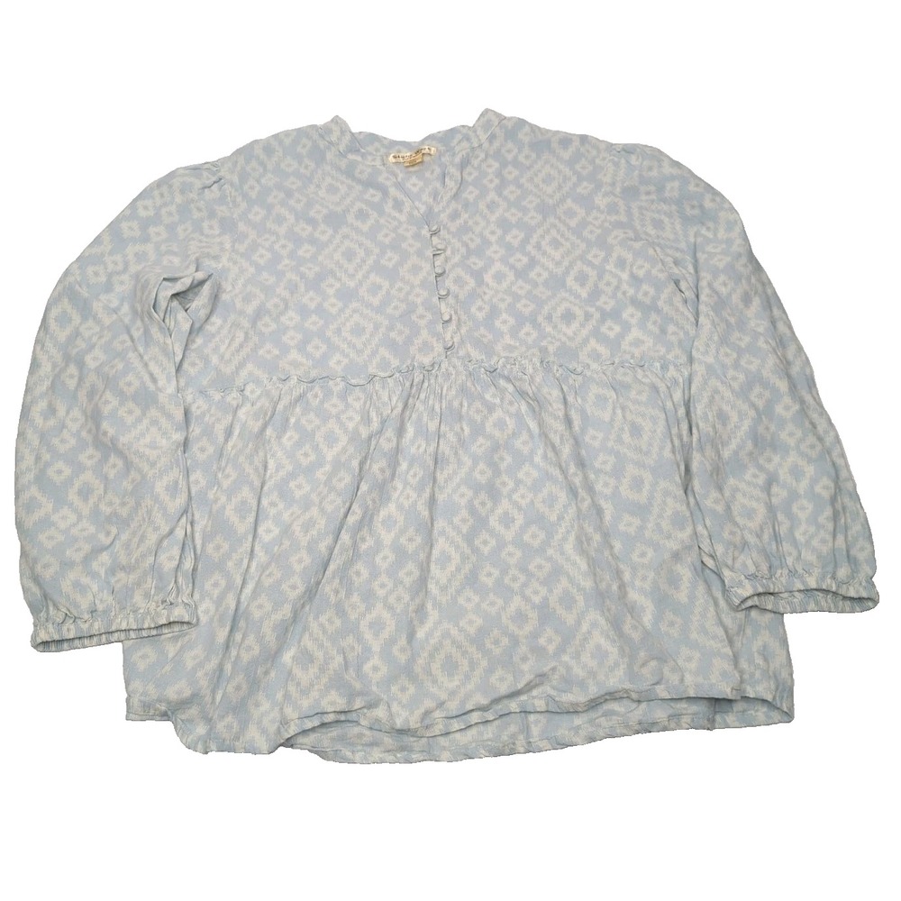 Studio West Blouse Womens XXL Blue Henley Peplum Peasant Babydoll Top Flowy